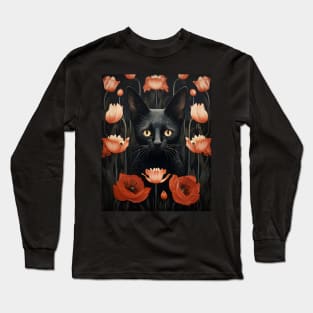 Black Cat Florals Whimsigoth | Gothic Style Kitty and Poppies Long Sleeve T-Shirt